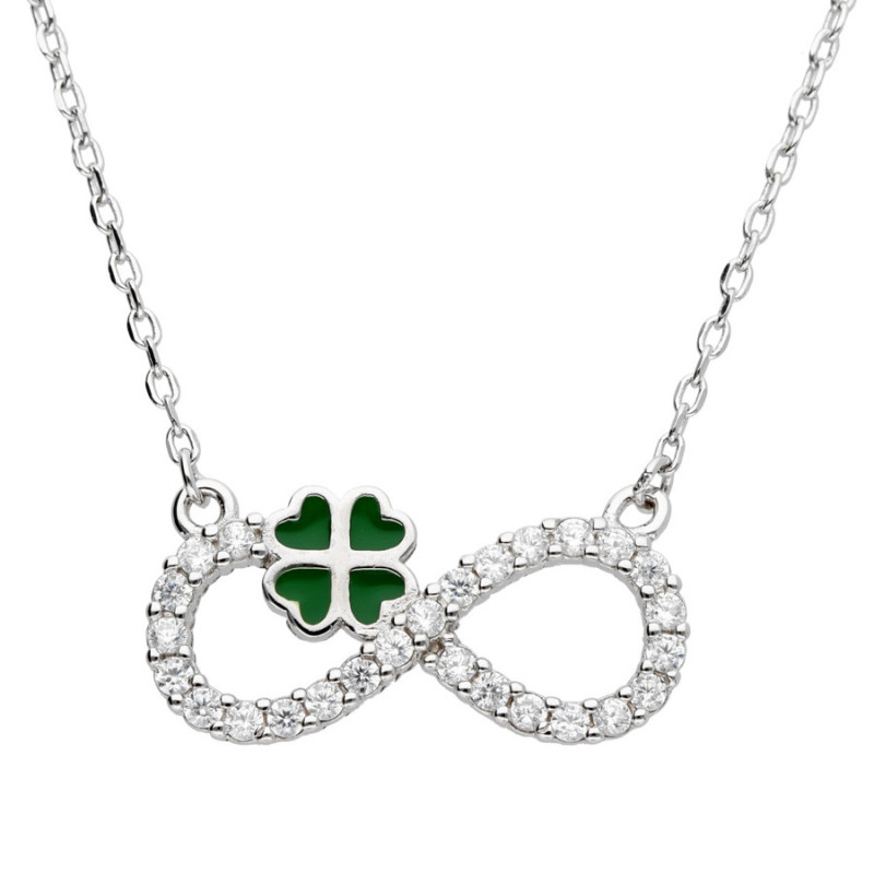 Strieborný náhrdelník - štvorlístok, nekonečno, zelená glazúra, číre okrúhle zirkóny, dĺžka 43 až 46 cm | Argento.sk
