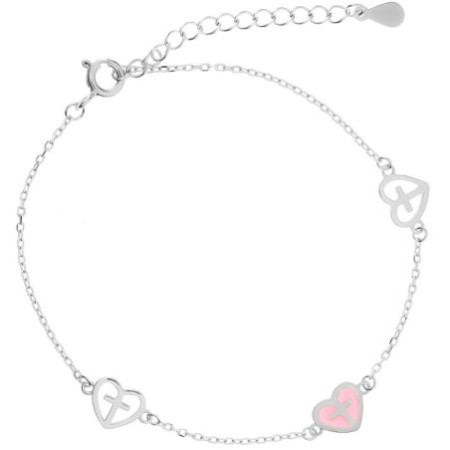 Strieborný náramok - srdiečka, krížiky, vzor Rolo, ružová glazúra, dĺžka 16 až 19 cm | Argento.sk