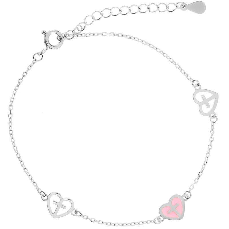 Strieborný náramok - srdiečka, krížiky, vzor Rolo, ružová glazúra, dĺžka 16 až 19 cm | Argento.sk