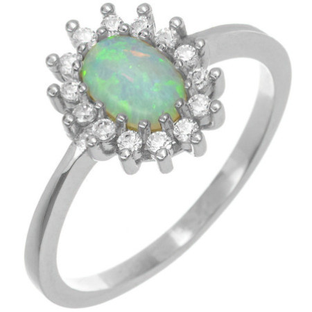 Strieborný prsteň s bielym opálom a zirkónmi