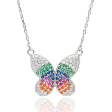 Strieborný náhrdelník - motýľ, farebné okrúhle zirkóny, dĺžka 43 až 46 cm | Argento.sk