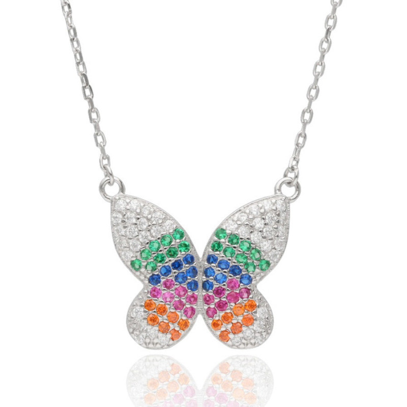 Strieborný náhrdelník - motýľ, farebné okrúhle zirkóny, dĺžka 43 až 46 cm | Argento.sk
