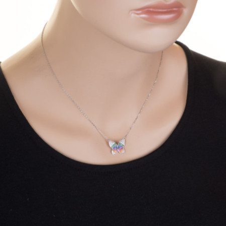 Strieborný náhrdelník - motýľ, farebné okrúhle zirkóny, dĺžka 43 až 46 cm | Argento.sk