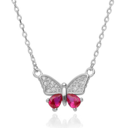 Strieborný náhrdelník - motýľ, tmavoružové zirkóny v tvare slzy, číre okrúhle zirkóny, dĺžka 43 až 46 cm | Argento.sk