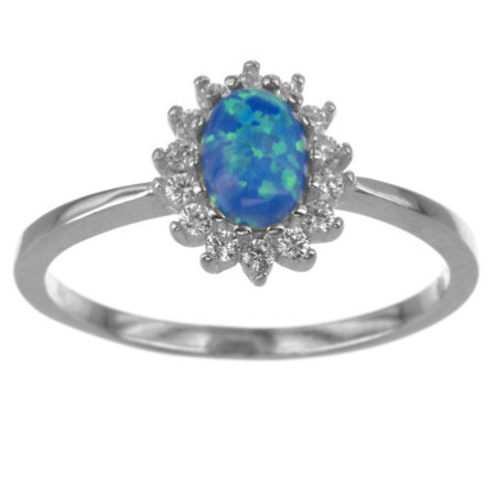 Strieborný prsteň s modrým opálom a zirkónmi
