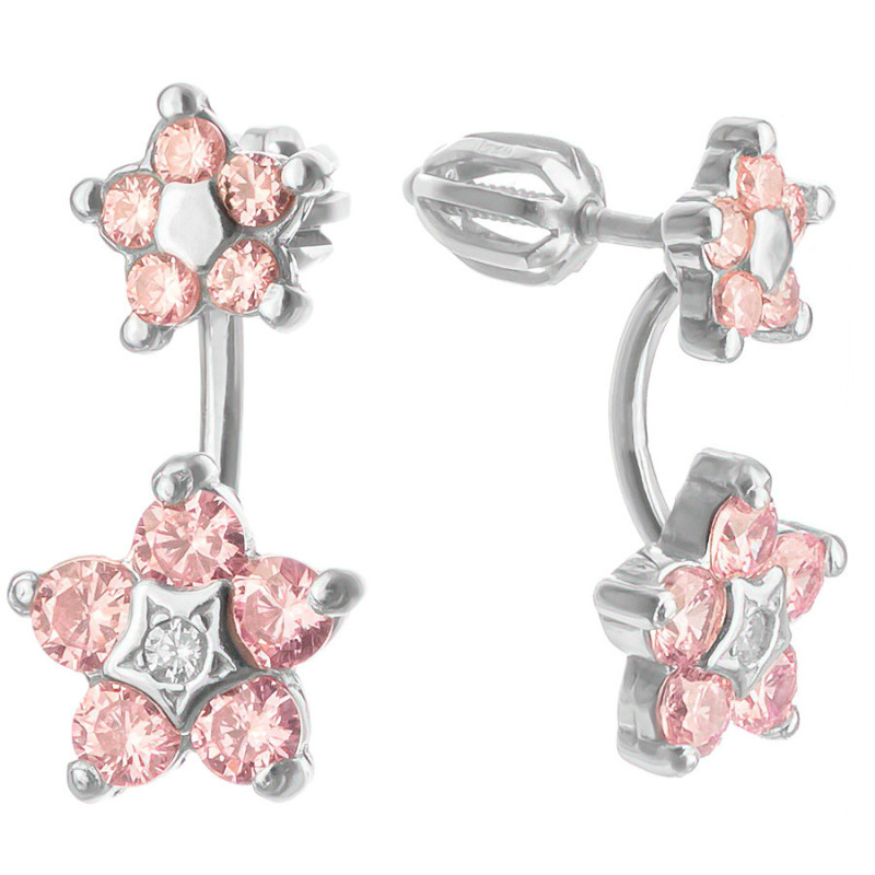 Strieborné náušnice dvojité - kvietok, ružové okrúhle zirkóny | Argento.sk