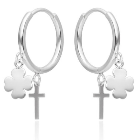 Strieborné náušnice kruhy - štvorlístok, krížik | Argento.sk