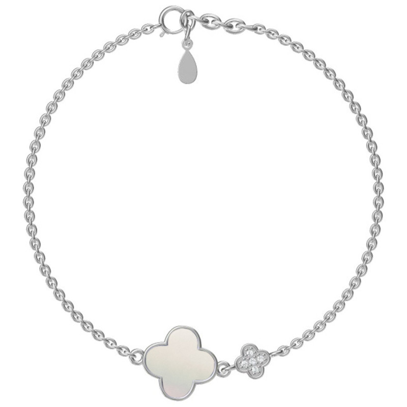 Strieborný náramok - štvorlístok, perleť, číre okrúhle zirkóny, dĺžka 17 až 19 cm | Argento.sk