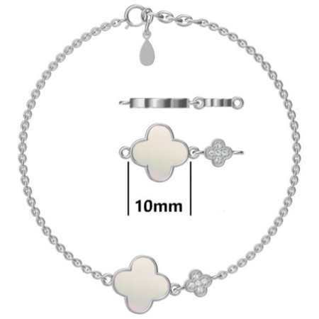 Strieborný náramok - štvorlístok, perleť, číre okrúhle zirkóny, dĺžka 17 až 19 cm | Argento.sk