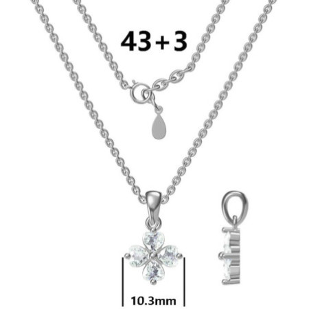 Strieborný náhrdelník - štvorlístok, číre zirkóny v tvare srdiečka, dĺžka 43 až 46 cm | Argento.sk