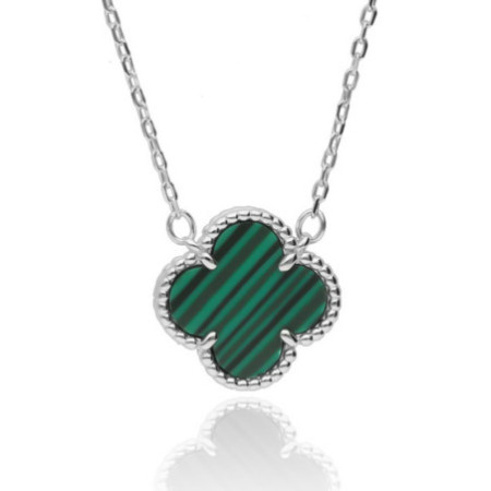 Strieborný náhrdelník - štvorlístok, syntetický kameň zelený malachit, dĺžka 43 až 46 cm | Argento.sk