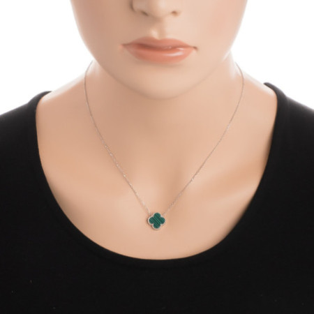 Strieborný náhrdelník - štvorlístok, syntetický kameň zelený malachit, dĺžka 43 až 46 cm | Argento.sk