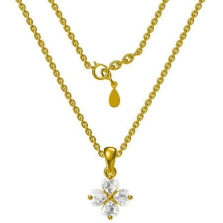 Pozlátený strieborný náhrdelník - štvorlístok, číre zirkóny v tvare srdiečka, dĺžka 43 až 46 cm | Argento.sk