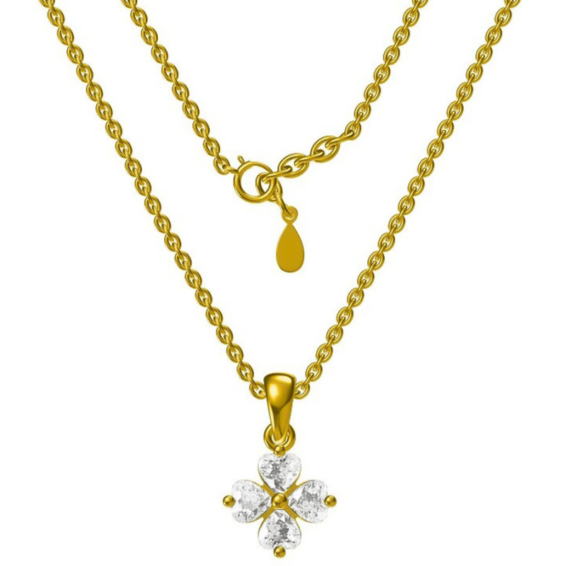 Pozlátený strieborný náhrdelník - štvorlístok, číre zirkóny v tvare srdiečka, dĺžka 43 až 46 cm | Argento.sk