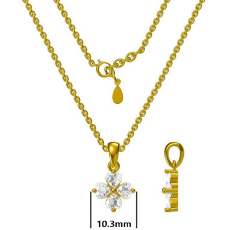 Pozlátený strieborný náhrdelník - štvorlístok, číre zirkóny v tvare srdiečka, dĺžka 43 až 46 cm | Argento.sk