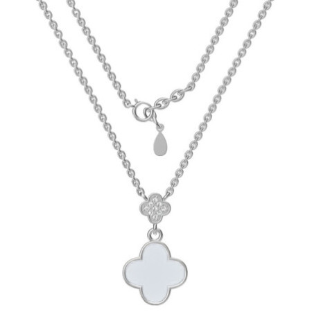 Strieborný náhrdelník - štvorlístok, perleť, číre okrúhle zirkóny, dĺžka 43 až 46 cm | Argento.sk