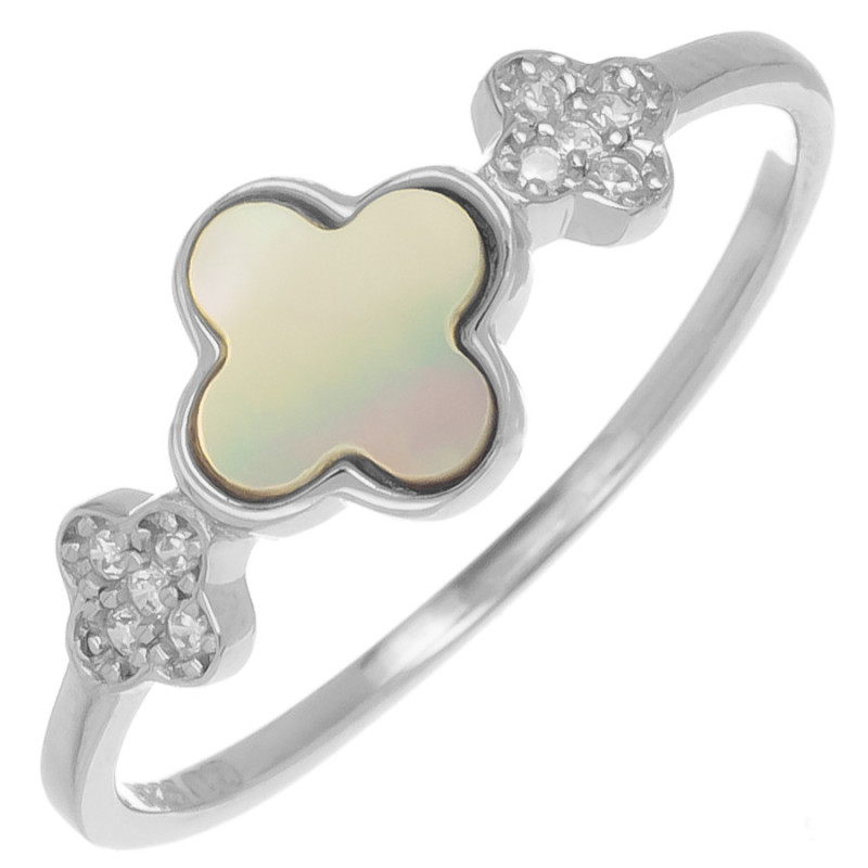 Strieborný prsteň - štvorlístok, perleť, okrúhle zirkóny | Argento.sk