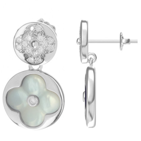 Strieborné náušnice - štvorlístok, perleť, číre okrúhle zirkóny | Argento.sk