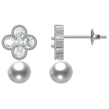 Strieborné náušnice - štvorlístok, biela syntetická perla v tvare guľôčky, číre okrúhle zirkóny | Argento.sk