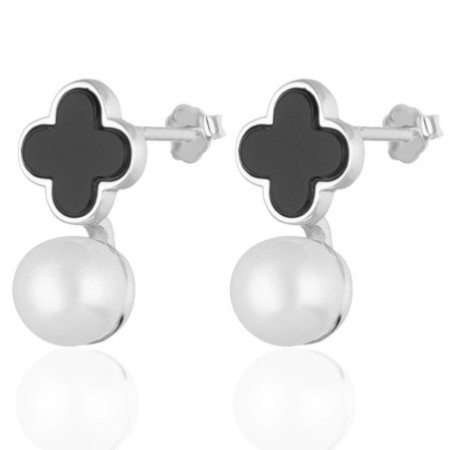 Strieborné náušnice - štvorlístok, syntetický kameň čierny ónyx | Argento.sk
