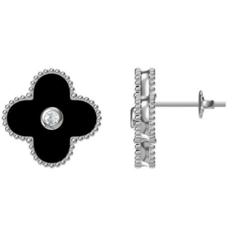 Strieborné náušnice - štvorlístok, syntetický kameň čierny ónyx | Argento.sk