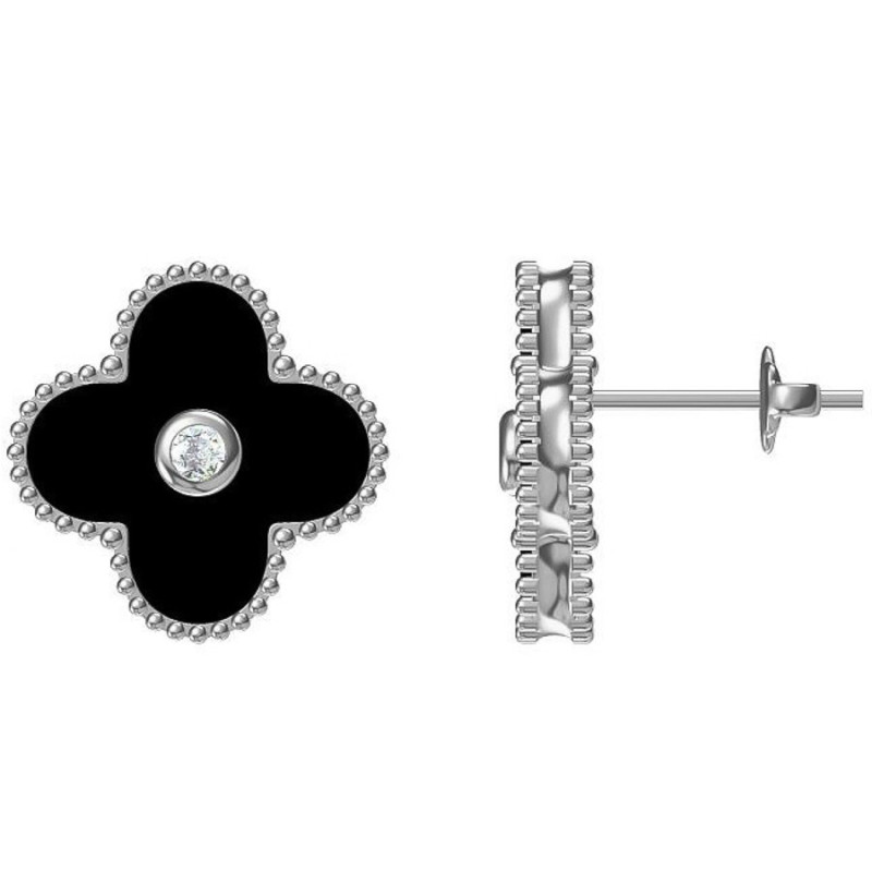 Strieborné náušnice - štvorlístok, syntetický kameň čierny ónyx | Argento.sk