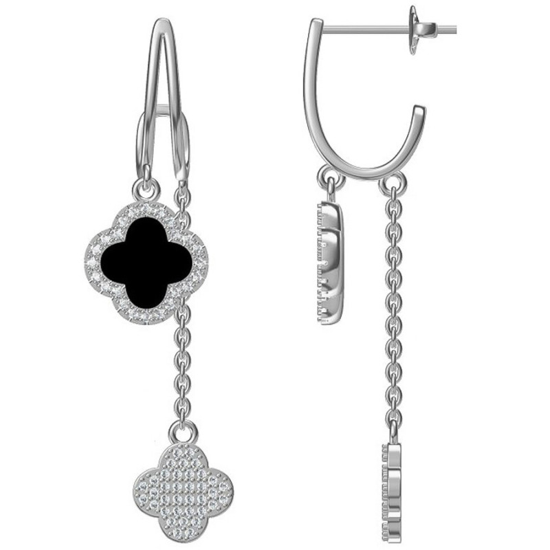 Strieborné náušnice s retiazkou - štvorlístok, syntetický kameň čierny ónyx | Argento.sk