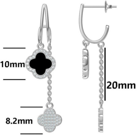 Strieborné náušnice s retiazkou - štvorlístok, syntetický kameň čierny ónyx | Argento.sk