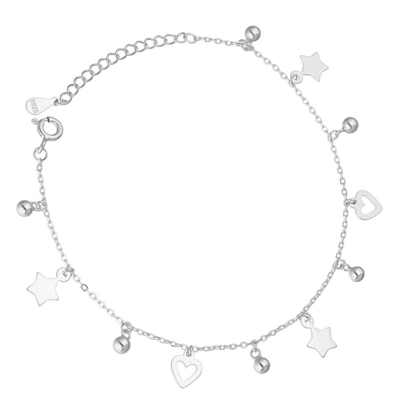 Strieborný náramok - srdiečka, guľky, hviezdičky, dĺžka 17 až 19 cm | Argento.sk