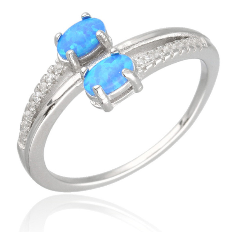 Strieborný prsteň - modré oválne syntetické opály, číre okrúhle zirkóny | Argento.sk