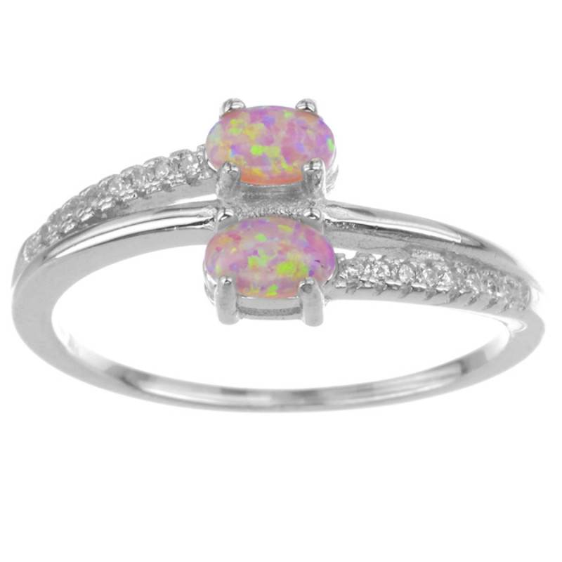 Strieborný prsteň - ružové oválne syntetické opály, číre okrúhle zirkóny | Argento.sk