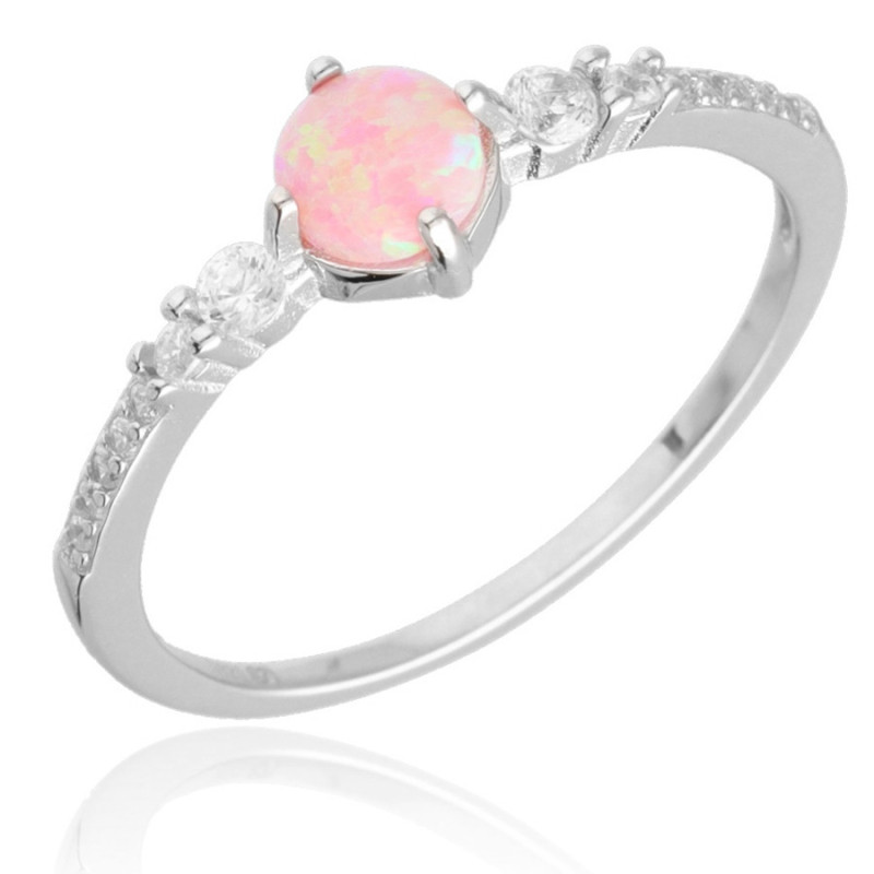 Strieborný prsteň - ružový okrúhly syntetický opál, číre okrúhle zirkóny | Argento.sk