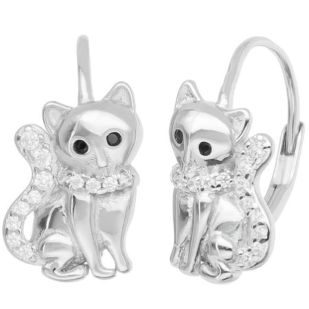 Strieborné náušnice - mačka, čierne okrúhle zirkóny, číre okrúhle zirkóny | Argento.sk