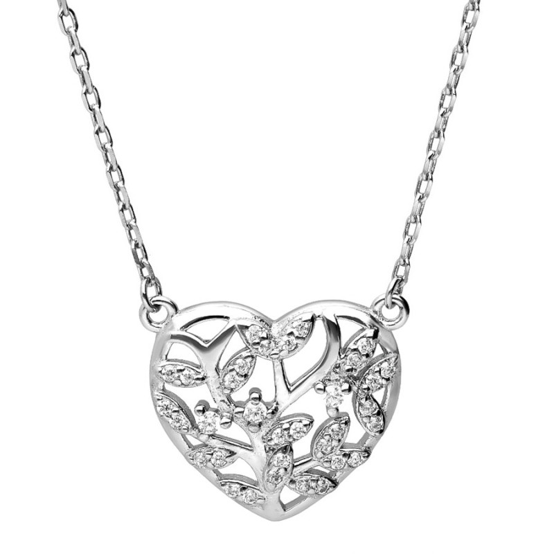 Strieborný náhrdelník - strom života, srdiečko, číre okrúhle zirkóny, dĺžka 43 až 46 cm | Argento.sk