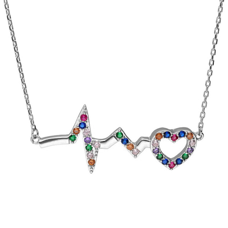 Strieborný náhrdelník - srdiečko, EKG, farebné okrúhle zirkóny, dĺžka 43 až 47 cm | Argento.sk