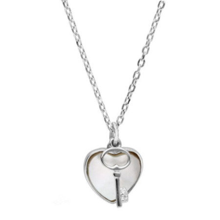 Strieborný náhrdelník - srdiečko, kľúč, perleť, dĺžka 43 až 46 cm | Argento.sk