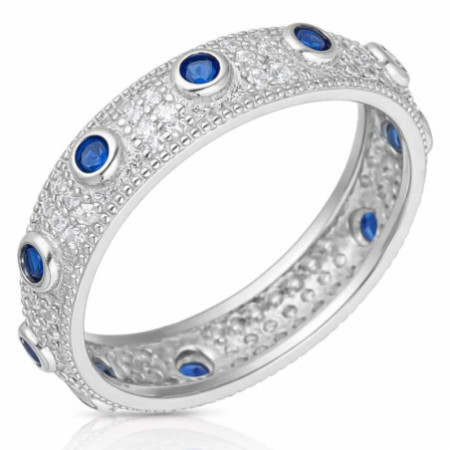 Strieborný prsteň - ruženec, modré okrúhle zirkóny, číre okrúhle zirkóny | Argento.sk