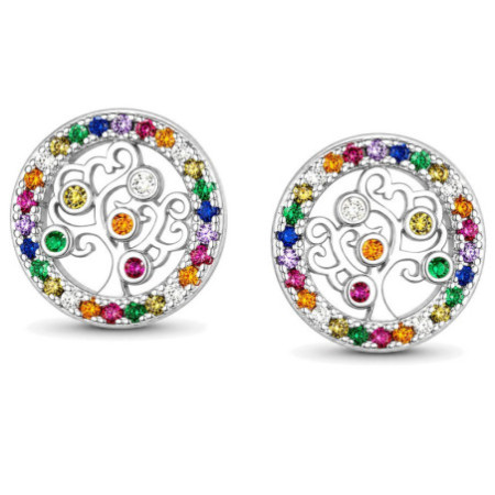 Strieborné náušnice - strom života, farebné okrúhle zirkóny | Argento.sk