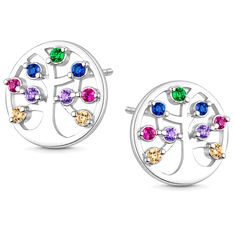 Strieborné náušnice - strom života, farebné okrúhle zirkóny | Argento.sk