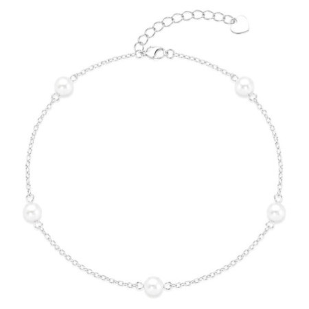 Strieborný náramok na nohu - biele syntetické perly v tvare guľôčky, dĺžka 22 až 26 cm | Argento.sk