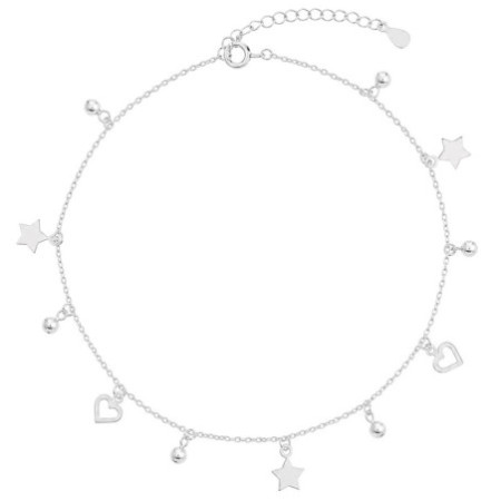 Strieborný náramok na nohu - srdiečka, guľky, hviezdičky, dĺžka 22 až 26 cm | Argento.sk
