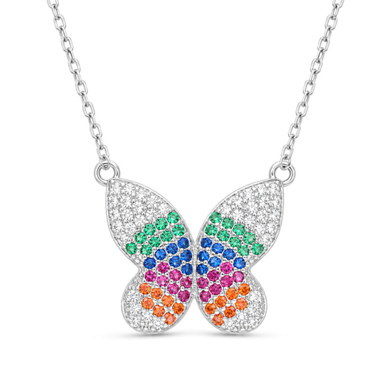 Strieborný náhrdelník - motýľ, farebné okrúhle zirkóny, dĺžka 43 až 46 cm | Argento.sk