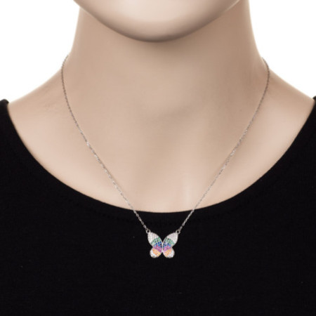 Strieborný náhrdelník - motýľ, farebné okrúhle zirkóny, dĺžka 43 až 46 cm | Argento.sk