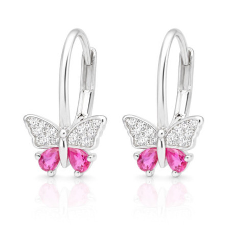 Strieborné náušnice - motýľ, tmavoružové zirkóny v tvare slzy, číre okrúhle zirkóny | Argento.sk