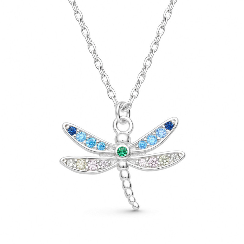 Strieborný náhrdelník - vážka, farebné okrúhle zirkóny, dĺžka 43 až 46 cm | Argento.sk