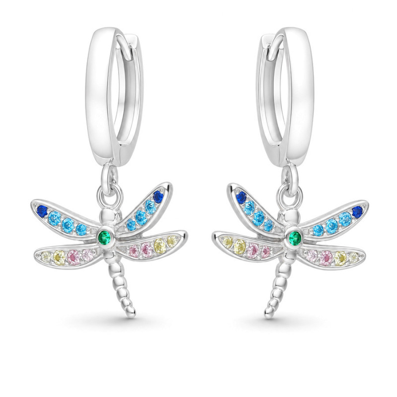 Strieborné náušnice - vážka, farebné okrúhle zirkóny | Argento.sk