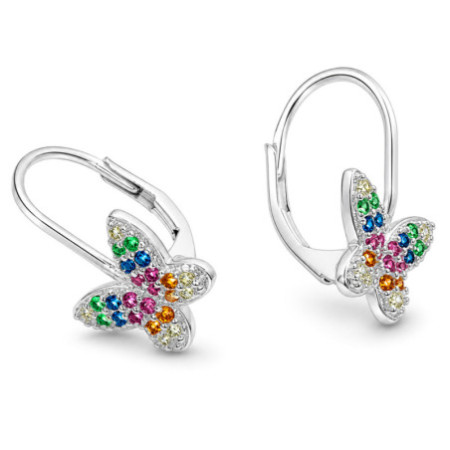 Strieborné náušnice - motýľ, farebné okrúhle zirkóny | Argento.sk