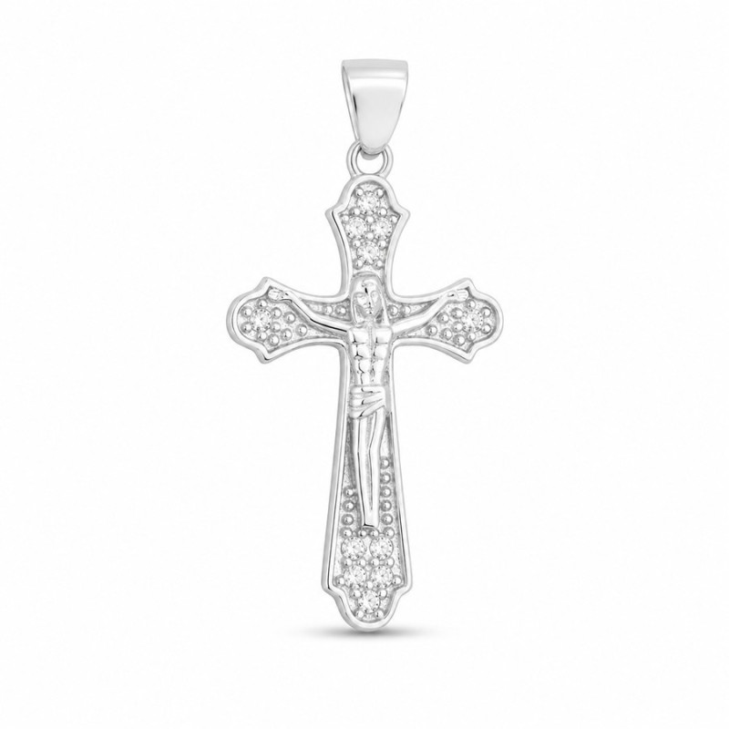 Strieborný prívesok - krížik s Ježišom, číre okrúhle zirkóny | Argento.sk