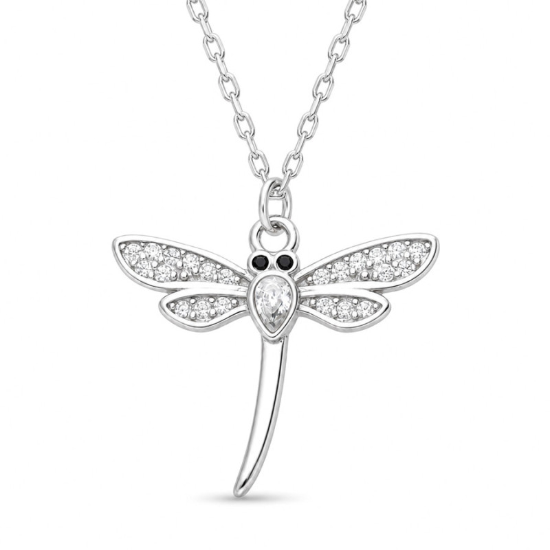 Strieborný náhrdelník - vážka, čierny zirkón, číre zirkóny, dĺžka 43 až 46 cm | Argento.sk