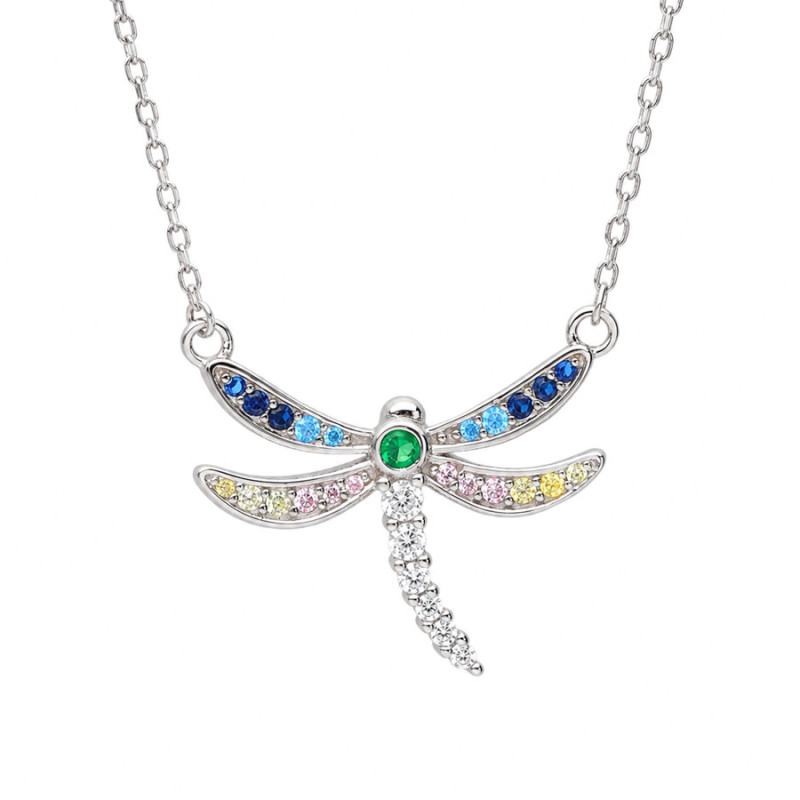 Strieborný náhrdelník - vážka, farebné okrúhle zirkóny, dĺžka 43 až 46 cm | Argento.sk